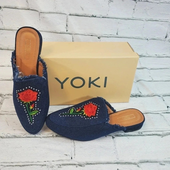 YOKI Willas 71 DARK DENIM Low Heal Slip On Embroidery Rose Beauty Beast Shoes - Picture 2 of 14